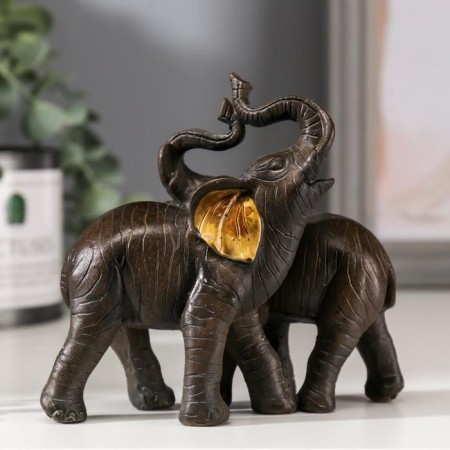 Polystone souvenir "Two elephants of African brown" gold ears 11x12x5.5 cm-3