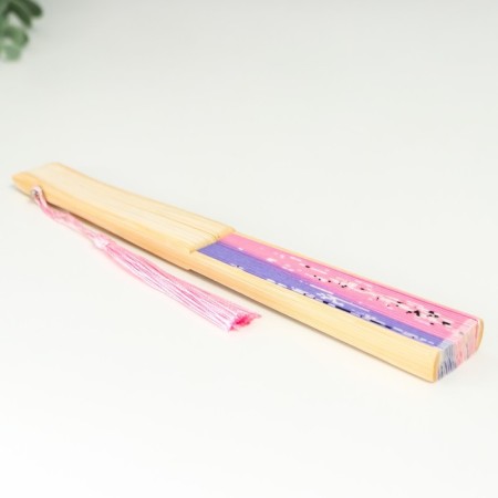 Fan bamboo, textile h = 21 cm "butterflies in sakura" lilac-pink, with a brush-2