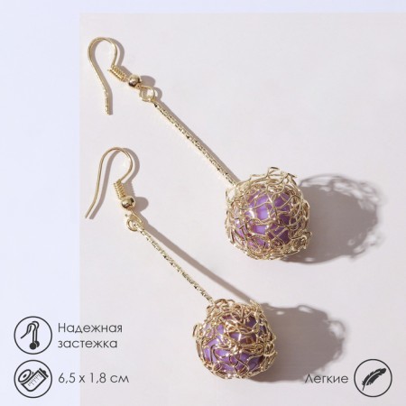 Hanging earrings “wandered ball”, lilac color in gold, 6.5 cm