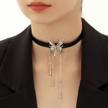 Choker "collar" wings with chains, black color with silver, 43 cm