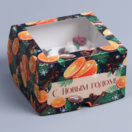Folding box for 4 cupcakes with a “spice” window, 16 x 16 x 10 cm, New Year-4