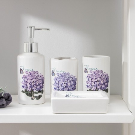 A set of accessories for the lilac bathroom, 4 items (320 ml dispenser, soap dish, 2 glasses 300 ml)