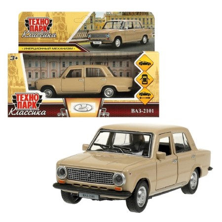 Metal machine "VAZ -2101", retro - model "Kopeik", doors, trunk, inertia, 12 cm, beige are opened