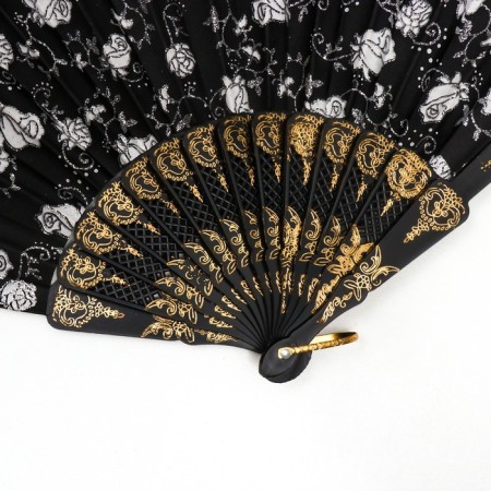Fan plastic, textile "Solder of flowers" with gold mix 23 cm-3