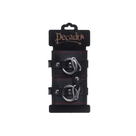 Single -layer handcuffs with a contrasting line Pecado BDSM, genuine leather, black-5