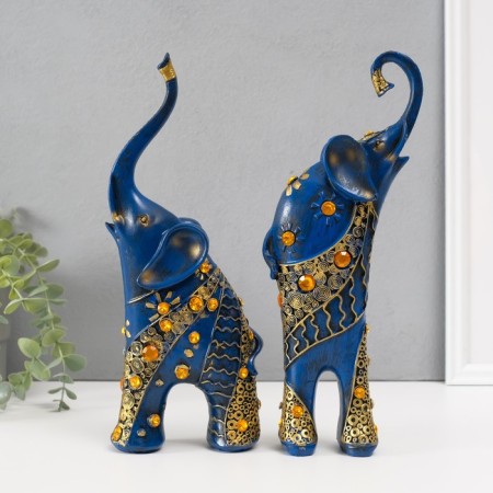 Souvenir Polystone "Blue elephants with orange rhinestones" set 28.5x21x8.3 cm-1