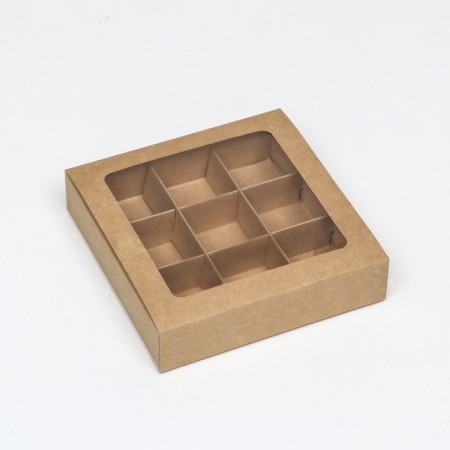 Box for 9 sweets with a shell, with a window, with thin dividers, craft 14.7x14.7x3.4 cm-2