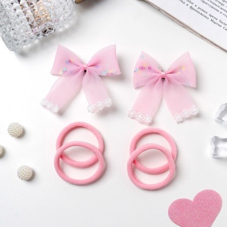 Hair Set "Coquette" (4 elastic bands 4 cm, 2 clamps 6.5 cm) lace, pink-1