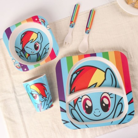 A set of children's bamboo dishes, 5 objects: plate, fork, spoon, glass, bowl "Rainbow Dash", My Little Pony-3
