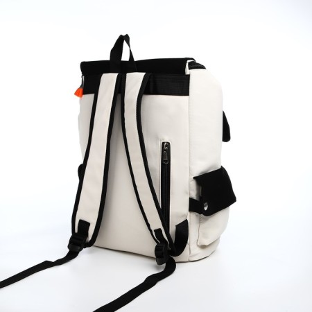 A backpack with a zipper, 5 outer pockets, beige color/black-3