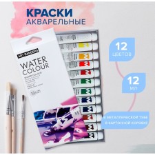 Watercolor paints 12 ml, in a metal tube, in a cardboard box, 12 colors