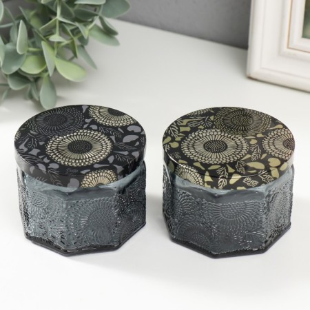 Bank for candles glass with a "flower" gray lid, polyhedron 5x7x7 cm, mix-3