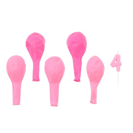Set of candle in cake + 5 balls, number 4, pink-2