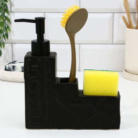 A dispenser for liquid soap with a sponge and a brush for dishes, black, 16 x 12 x 4 cm.-11