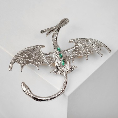 Brooch "Dragon" flying, green color in silver-1