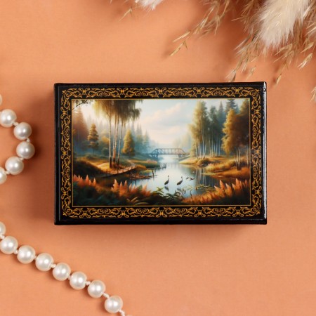 Casket "Cranes on the Pond", black, 6 × 9 cm, lacquer miniature-2