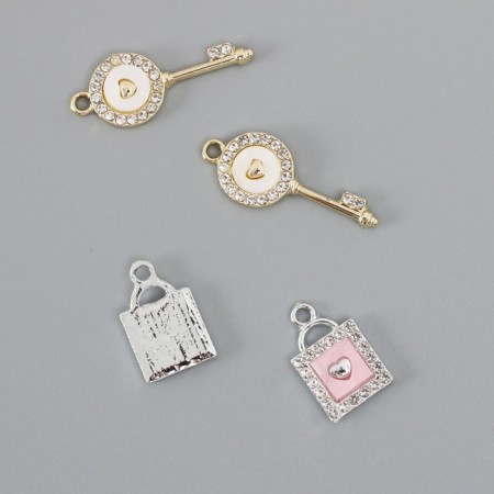 Decor for creativity metal, rhinestones "Key and lock lock" set 2 pcs 2.2x1.2 cm-2