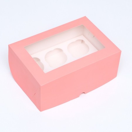 Packaging for 6 cupcakes with a window, pink, 25 x 17 x 10 cm-1
