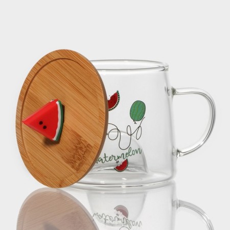 Glass mug with wooden cover "Arbuzik", 300 ml-1