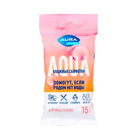 Wet napkins Aura Family, with antibacterial effect, 15 pcs., Mix-2