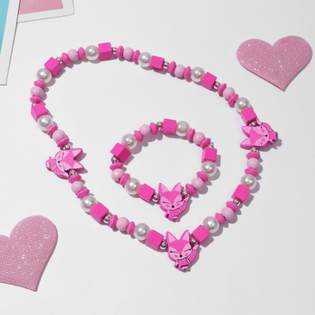 Set of children's "chosen" 2 items: beads, bracelet, foxes, bright pink color