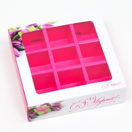 Box for 9 sweets with a shell "since March 8!", Tulips, 13.7 x 13.7 x 3.5-1