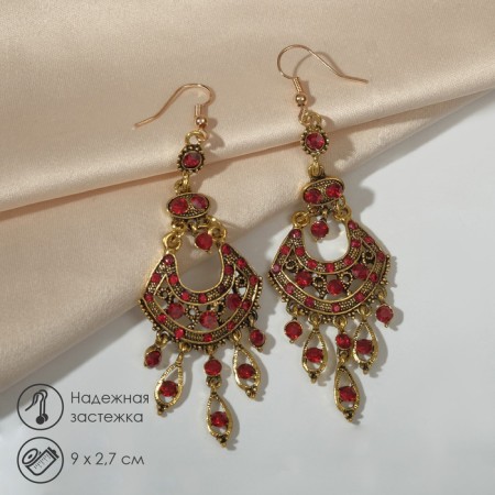 Hanging earrings with rhinestones "East" fan, red color in black gold, 9cm