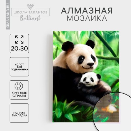 Diamond mosaic with full filling on the canvas "Panda", 20 x 30 cm