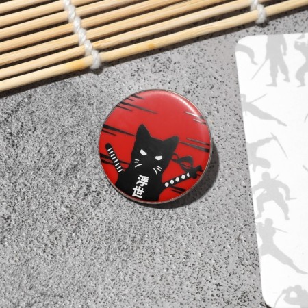 Icon "Japan" cat with nunchaki, black-red color in silver-2
