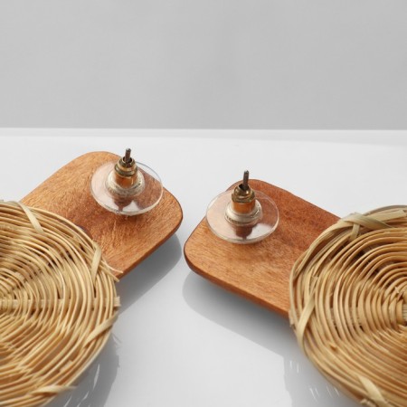 Earrings "Vakanda" style, wicker disk, color beige-brown-1