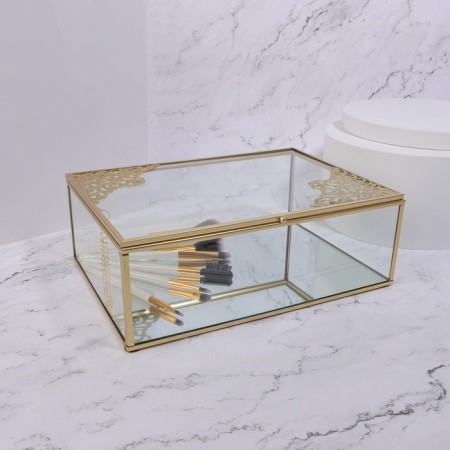 Great organizer for storage, with a lid, glass, with a mirror -bottom, 1 section, 25 × 17.5 × 8.5 cm, the color is transparent/copper-2