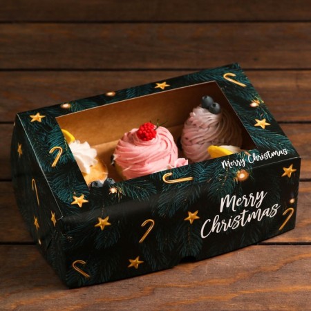 Packaging for 6 cupcakes with a window "Happy Christmas", 25 x 17 x 10 cm, 1 pc.-2