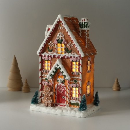 Souvenir Polystone Light "Gingerbread House in the Glaze with Gingerbread, Fir trees" 17x12x25.5 cm-1