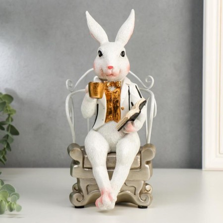 Souvenir Polystone "Hare in a chair with a book and a cup" 26x12x13.5 cm