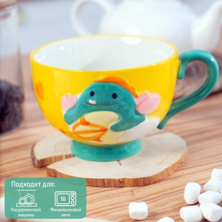 Ceramic mug "Cupid Dino", 400 ml, yellow color-4