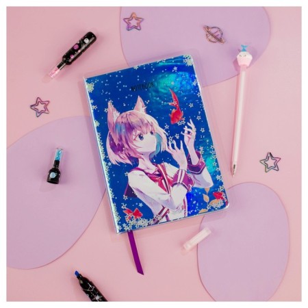 Note book A5 80 sheets in a line, light, leatherette, Meshu "Magic World", removable plastic cover, glitter, holography, offset block-2