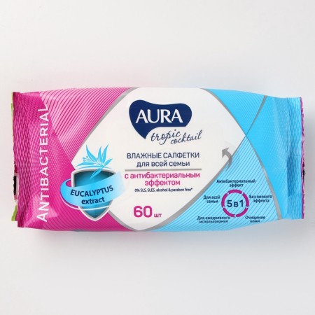 Wet napkins Aura Tropic Cocktail, with antibacterial effect, 60 pcs.-3
