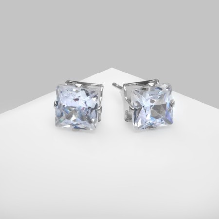 Earrings with rhinestones "Pusets" radiance, square, d = 0.7, white color in silver-2