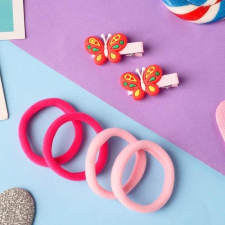 Caramel hair set (4 elastic bands, 2 clamps) butterflies, 3.5x2.5 cm, red-pink-1