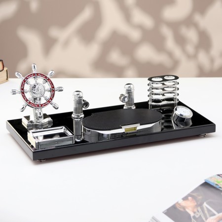 Set of desktop stationery 6B1 with a business card holder and hours, a black tree