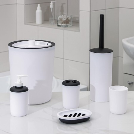 Set for the bathroom "light", 6 items: soap dish, dispenser, 2 glasses, brush, bucket, white color-3