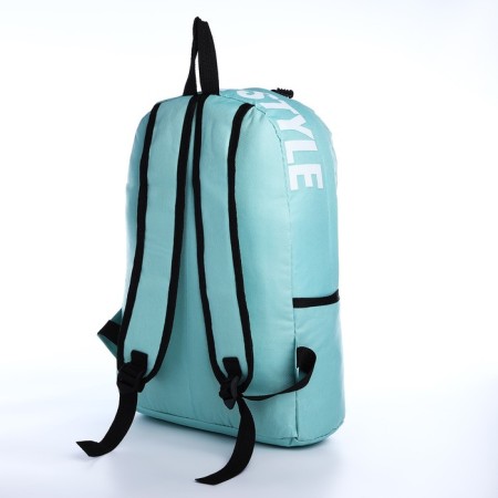 A backpack with a zipper, an outer pocket, 2 side pockets, a turquoise color-3