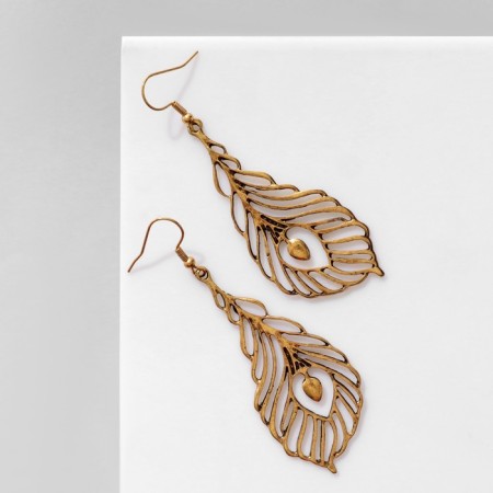 Earrings hanging "feathers" peacock, color black gold, 7.5 cm-1