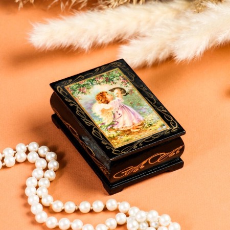 Casket "Angel with a kitten", 6x9 cm, lacquer miniature