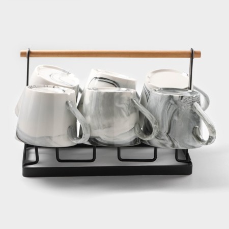 A set of ceramic mugs on a metal stand “Marble”, 6 objects: 390 ml, color gray color