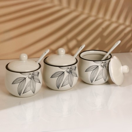 A set of ceramic cans for spices on the metal stand “Leaves”, 200 ml, 3 pcs, white color-4