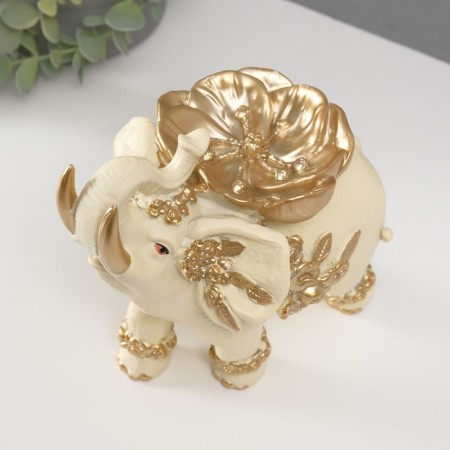 Souvenir Polystone "Beige Elephant with a Golden Flower" 18x14x19 cm-4