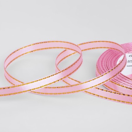 A satin ribbon "Golden threads", 6 mm × 23 ± 1 m, pink color # 004