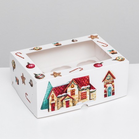 Packaging for 6 cupcakes with a window "Christmas House", 25 x 17 x 10 cm-1