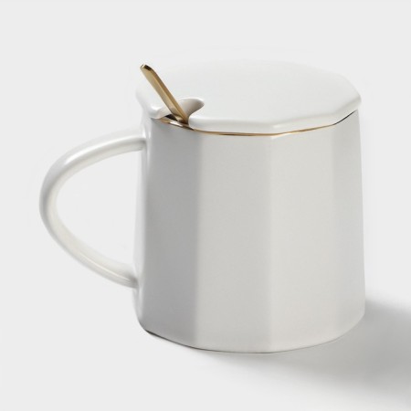 Ceramic mug with a spoon Simple, 350 ml, white color-4
